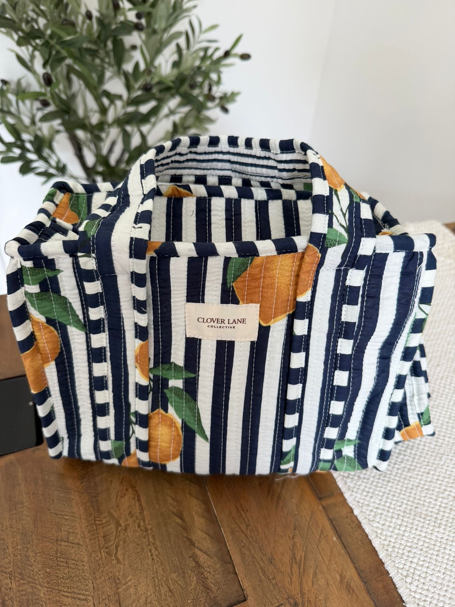 Mini Crossbody Navy Lemon Stripe Tote Bag