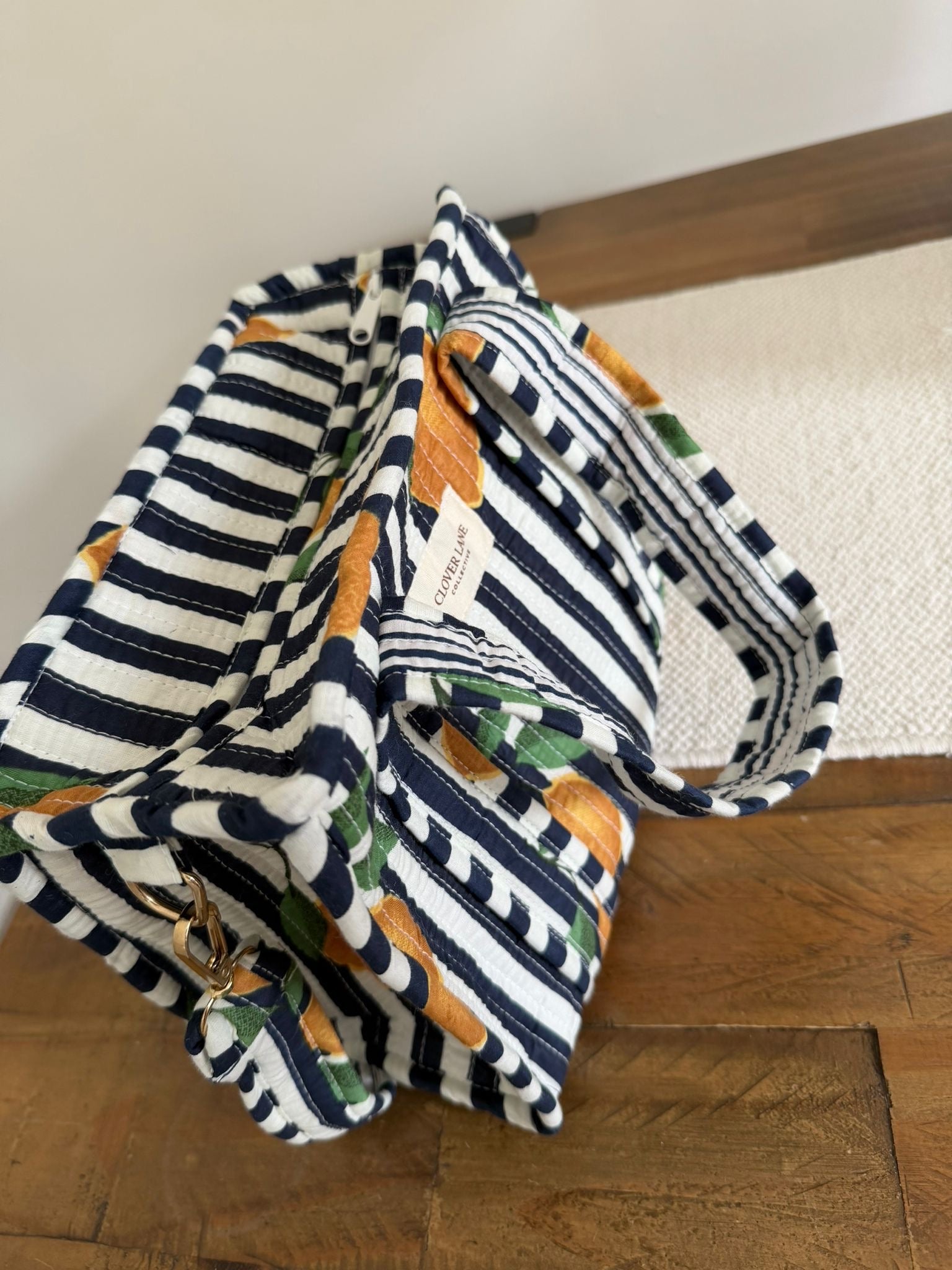 Mini Crossbody Navy Lemon Stripe Tote Bag