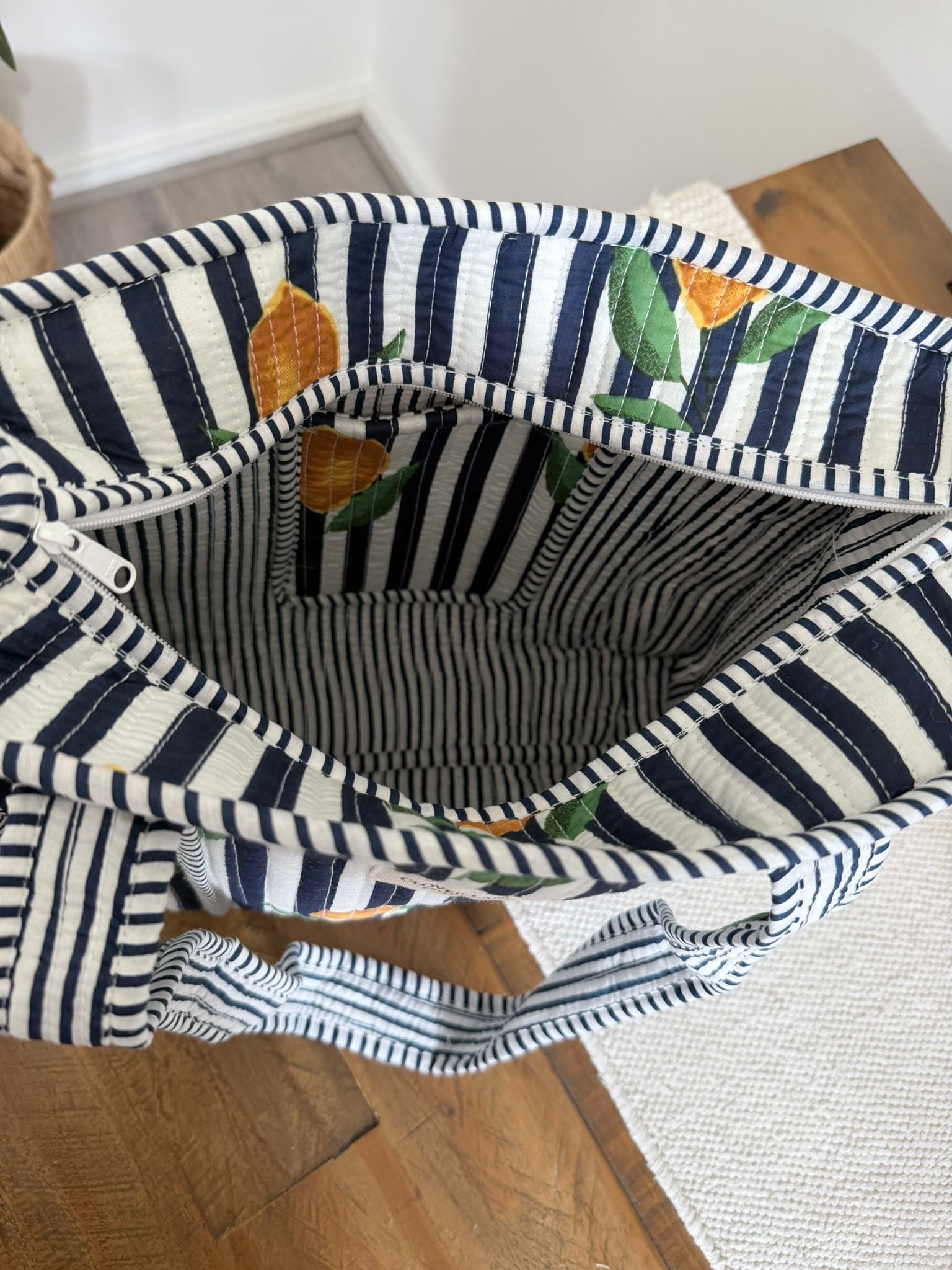 Medium Navy Lemon Stripe Tote Bag