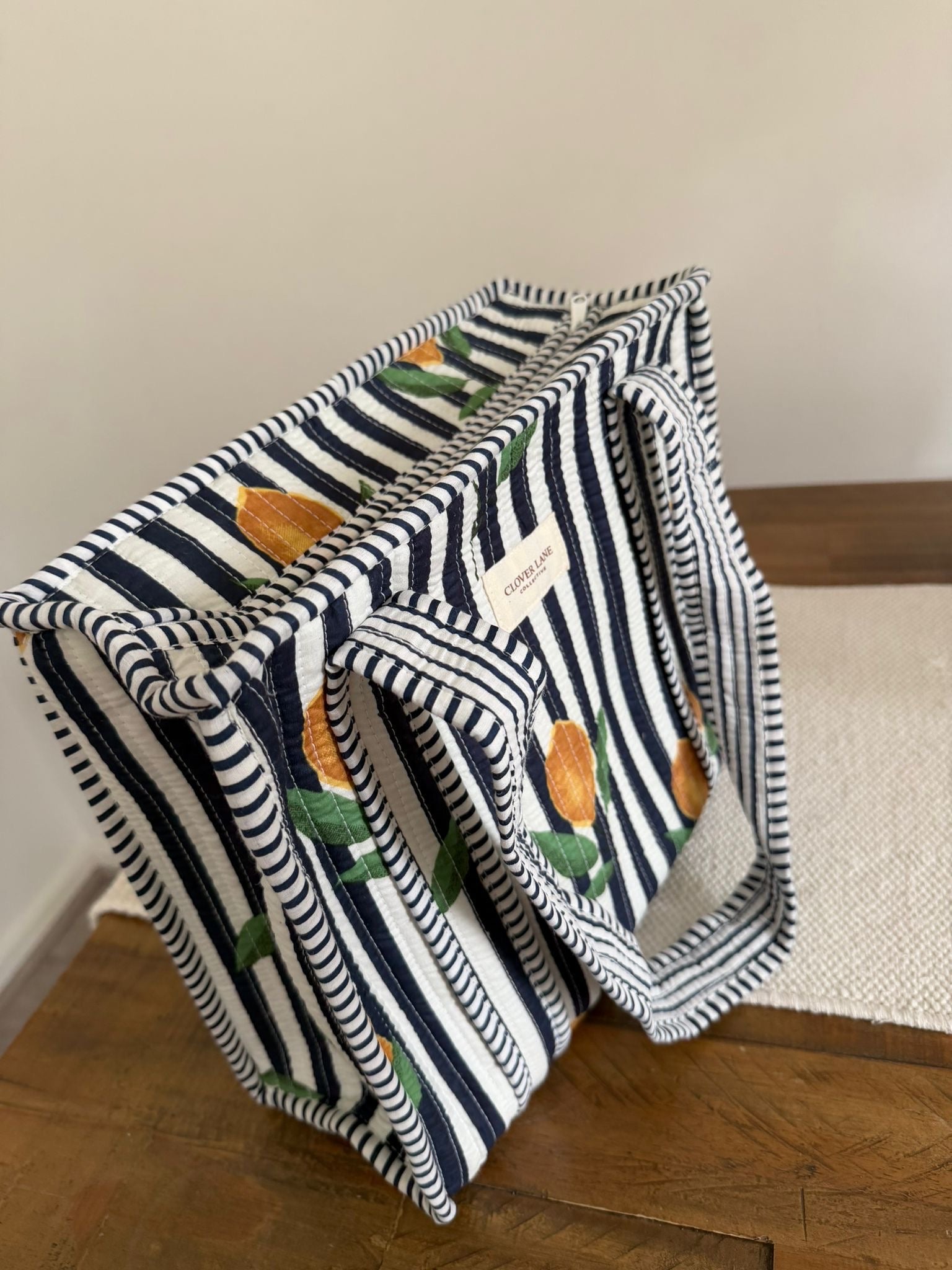 Medium Navy Lemon Stripe Tote Bag