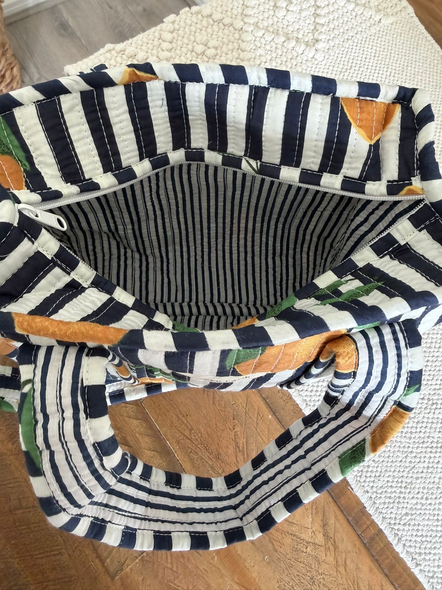 Mini Crossbody Navy Lemon Stripe Tote Bag