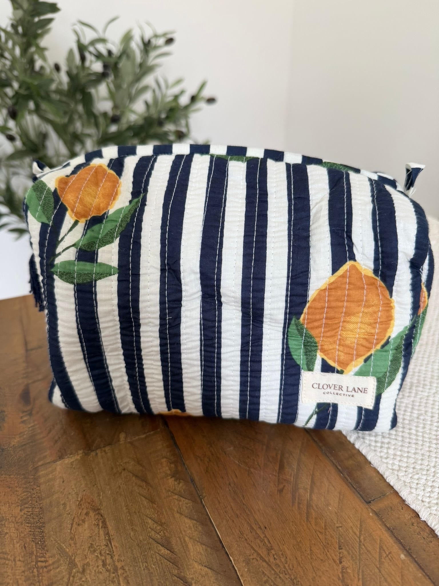 Large Navy Lemon Stripe Makeup Bag