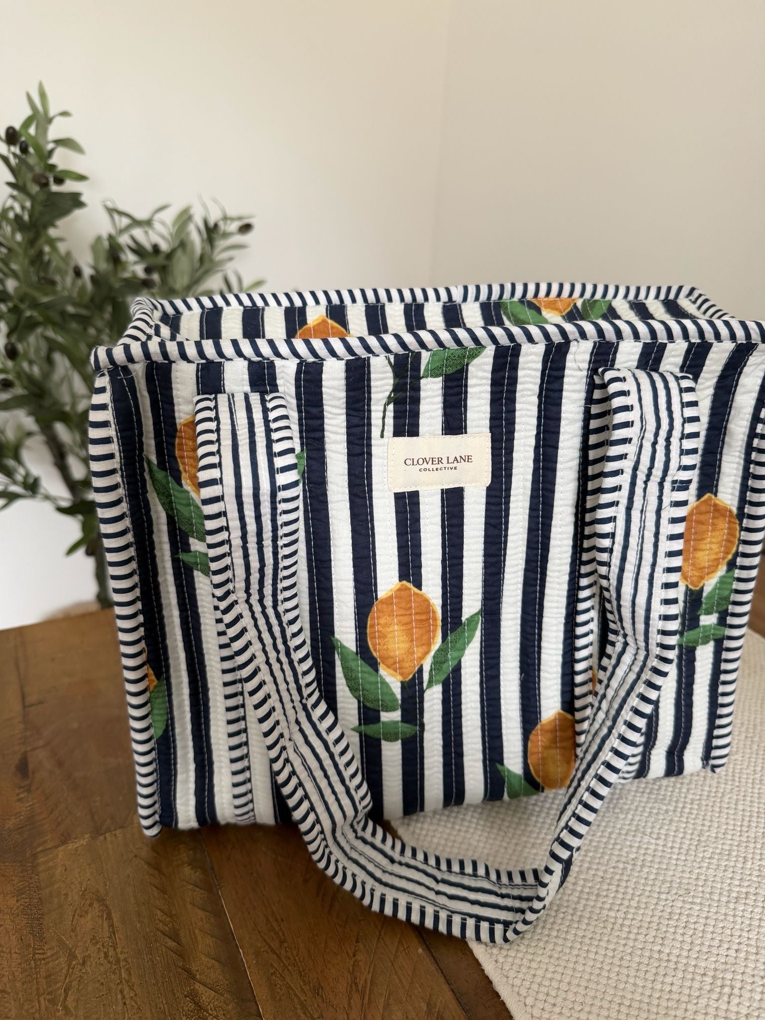 Medium Navy Lemon Stripe Tote Bag