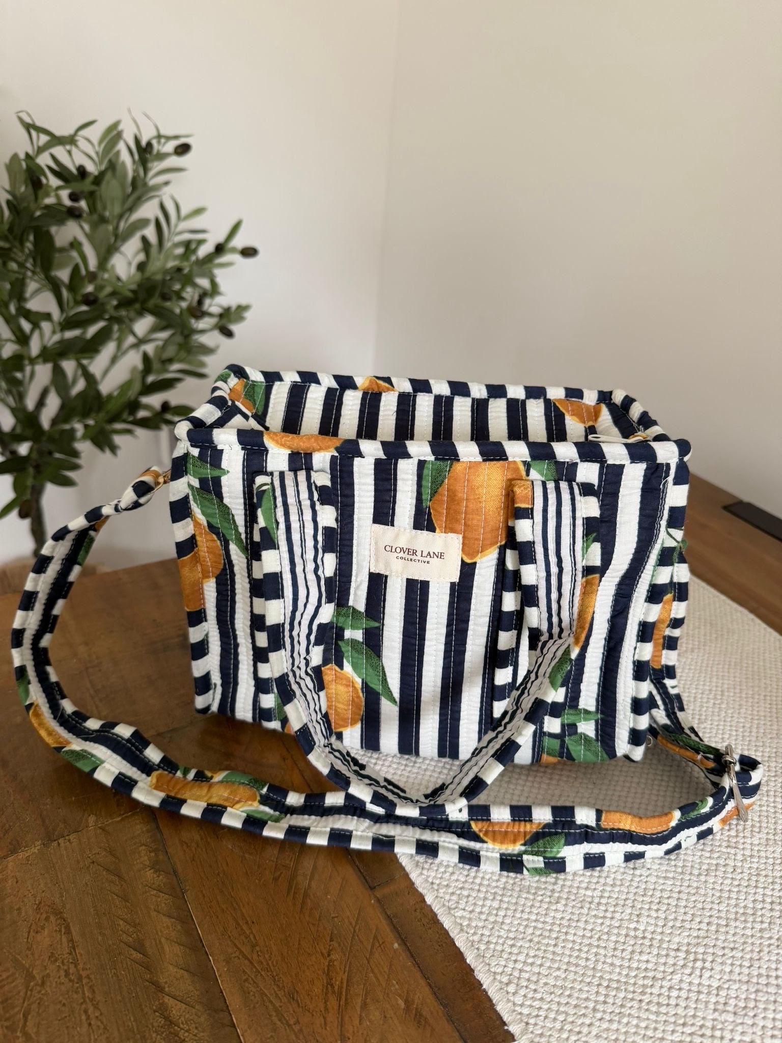 Mini Crossbody Navy Lemon Stripe Tote Bag