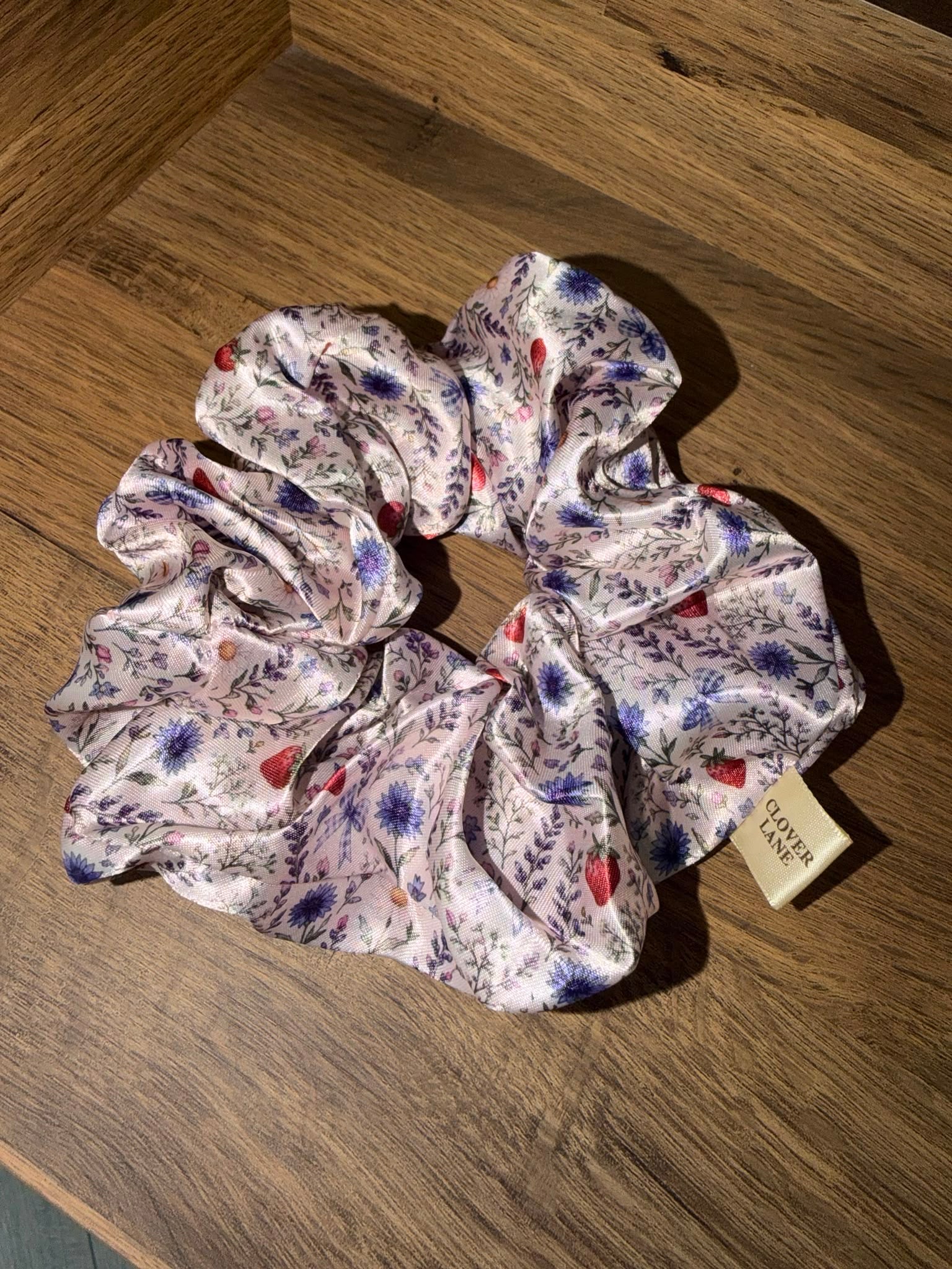 Strawberry Meadow Satin Scrunchie
